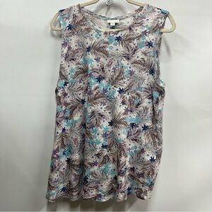 J. Jill love Linen Tank Top Blue Purple Grey Palm leaf floral Size L Tall